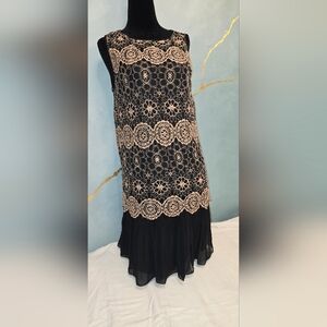 M.S.S.P  Elegant Black and Tan Crochet Lace Overlay Dress